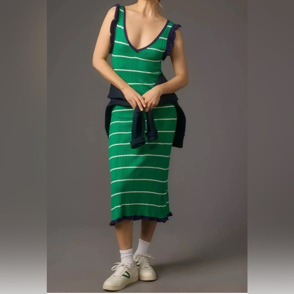 Anthropoligie NWT Daily Practice Green/Navy Striped Dress, Size Medium Petite - Picture 1 of 15